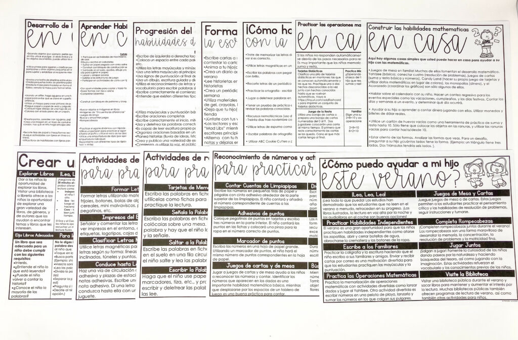 parent handouts parent teacher conferences academic family nights literacy night math night english and spanish math facts reading spelling writing handwriting fine motor skills summer learning loss sight words