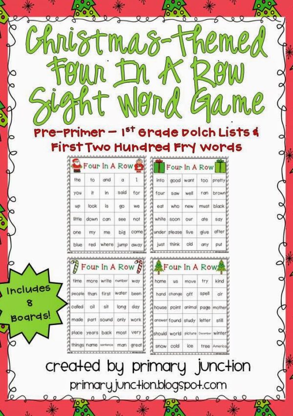 christmas four in a row game sight words Dolch literacy center station Kindergarten First Grade 1st