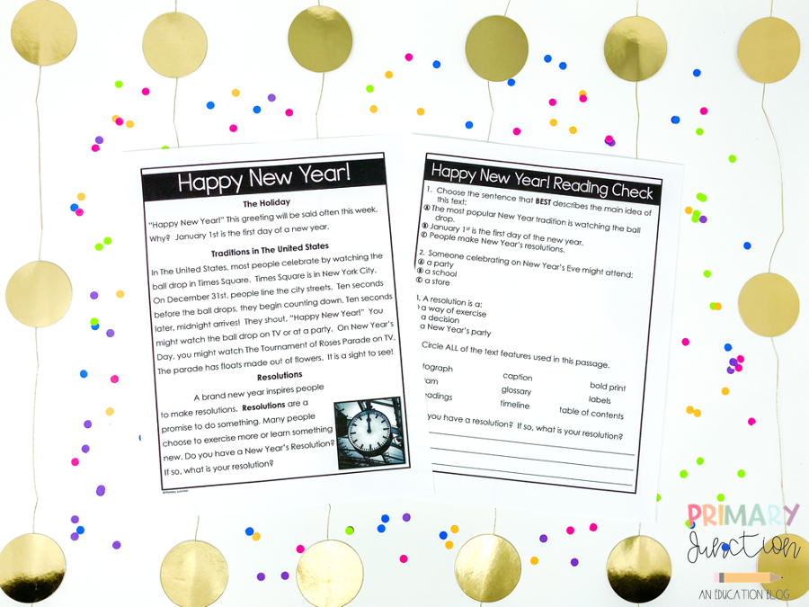 Free Happy New Year Close Reading Activity Text Passage Comprehension Check January Holiday Winter