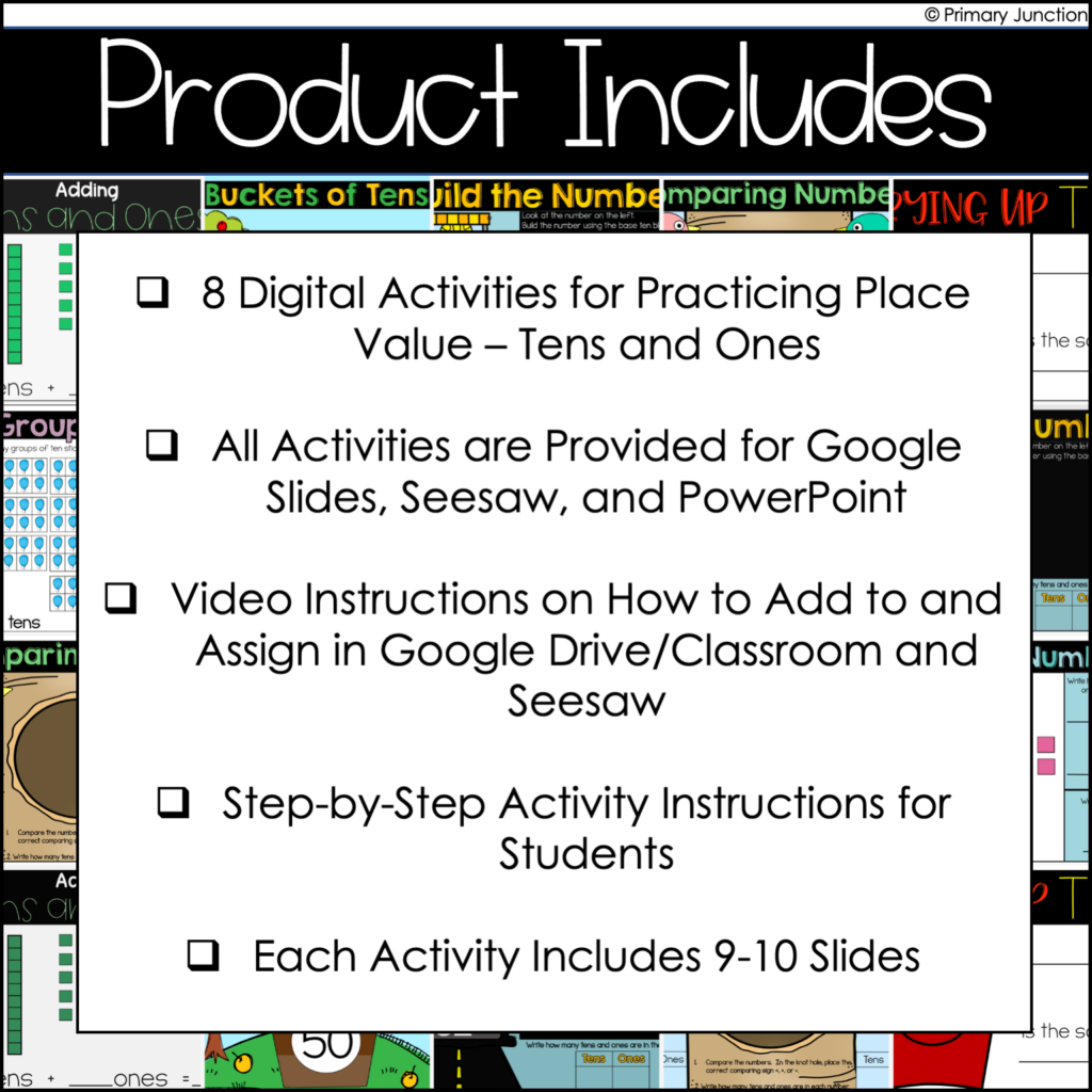 Digital Math Activities Place Value Tens and Ones First Grade Google Slides Seesaw Comparing Numbers