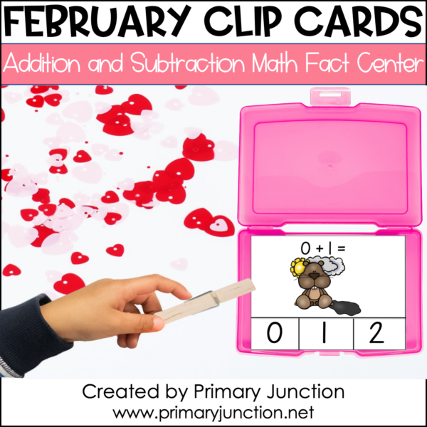 February Math Facts Clip Cards Addition and Subtraction Within 10 Math Center