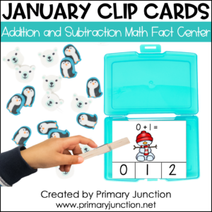 January Math Facts Clip Cards Addition and Subtraction Within 10 Math Center