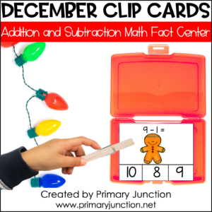 December Math Facts Clip Cards Addition and Subtraction Within 10 Math Center