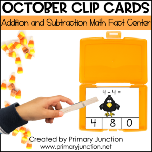 October Math Facts Clip Cards Addition and Subtraction Within 10 Math Center