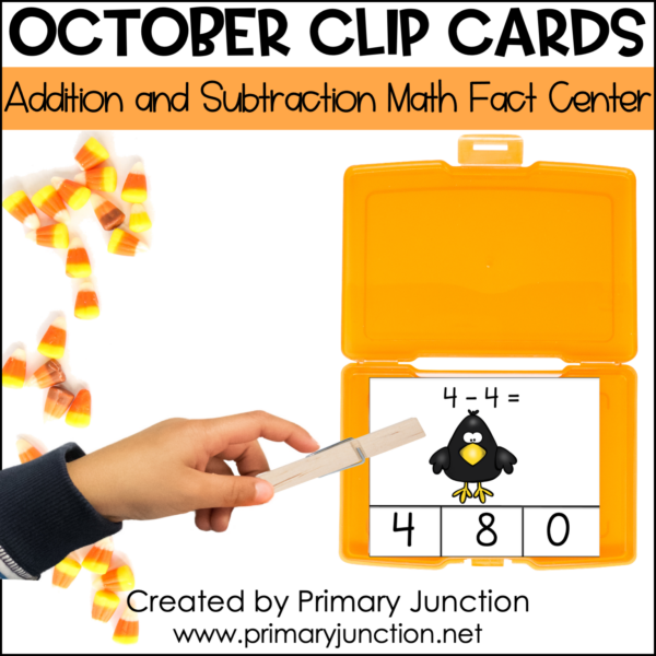 October Math Facts Clip Cards Addition and Subtraction Within 10 Math Center