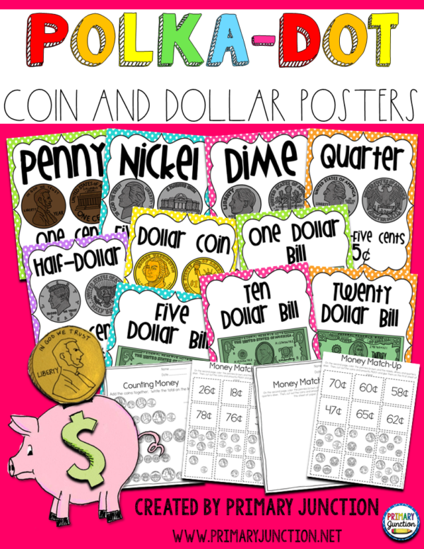 Money Posters for the Classroom Polka Dot Coin and Bill Posters