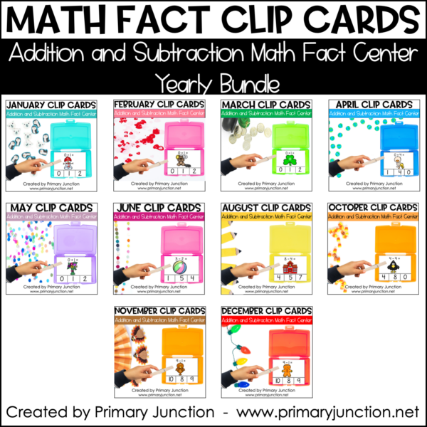 Math Facts Clip Cards Yearly Bundle Addition and Subtraction Within 10 Math Center