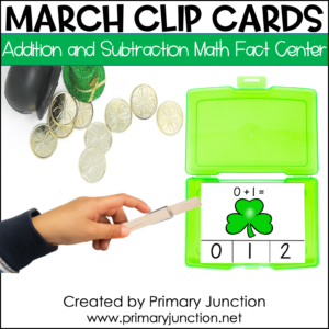 March Math Facts Clip Cards Addition and Subtraction Within 10 Math Fact Center