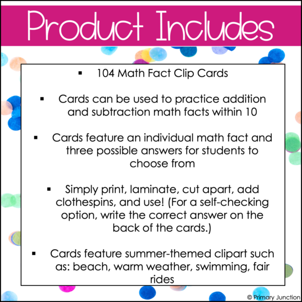 June Math Facts Clip Cards Addition and Subtraction Within 10 Math Center