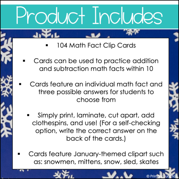 January Math Facts Clip Cards Addition and Subtraction Within 10 Math Center