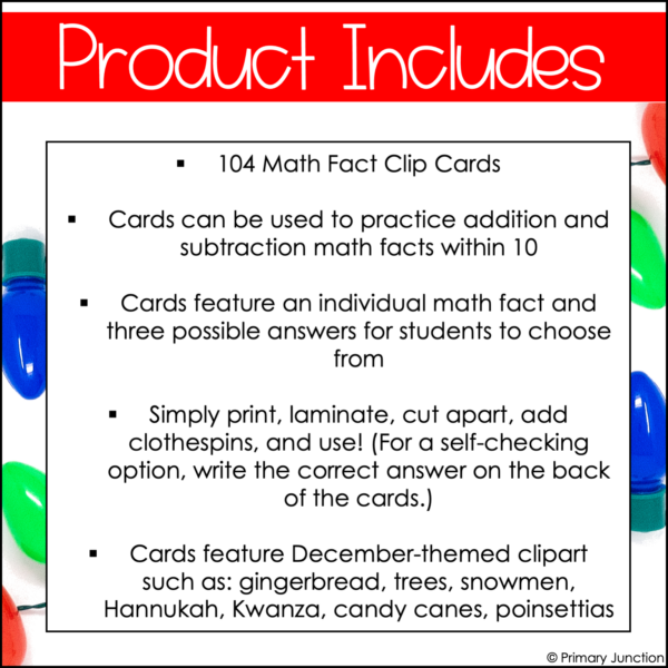 December Math Facts Clip Cards Addition and Subtraction Within 10 Math Center