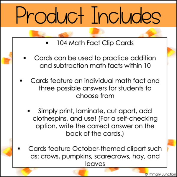October Math Facts Clip Cards Addition and Subtraction Within 10 Math Center