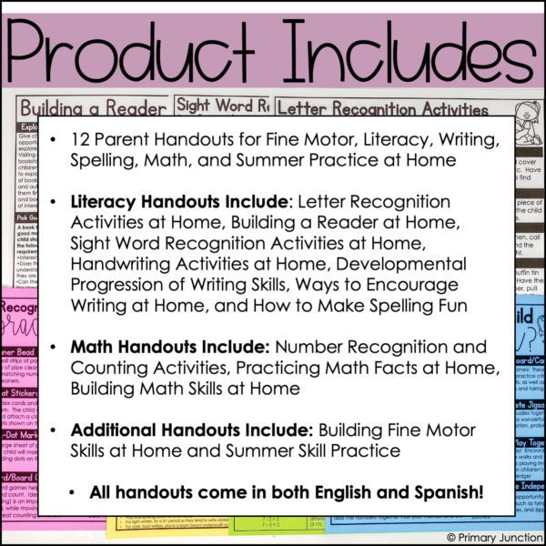 parent handouts parent teacher conferences literacy night math night family academic night english spanish handwriting math reading letter recognition number recognition counting activities at home writing handwriting spelling sight words fine motor skills summer skills math facts