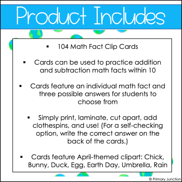 April Math Facts Clip Cards Addition and Subtraction Within 10 Math Center