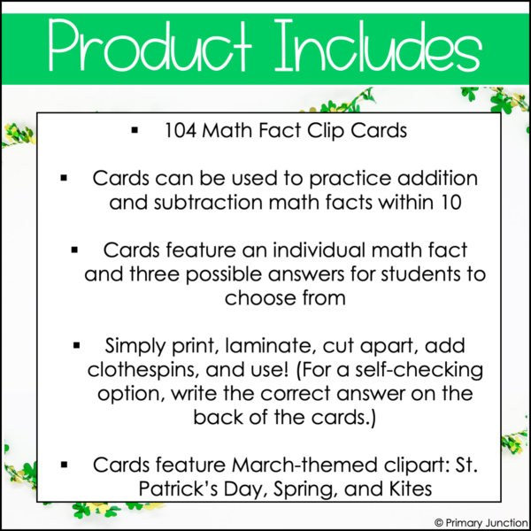 March Math Facts Clip Cards Addition and Subtraction Within 10 Math Fact Center