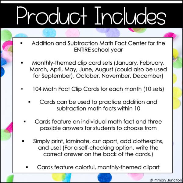 Math Facts Clip Cards Yearly Bundle Addition and Subtraction Within 10 Math Center