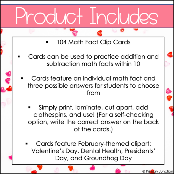 February Math Facts Clip Cards Addition and Subtraction Within 10 Math Center