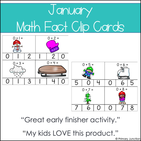 January Math Facts Clip Cards Addition and Subtraction Within 10 Math Center