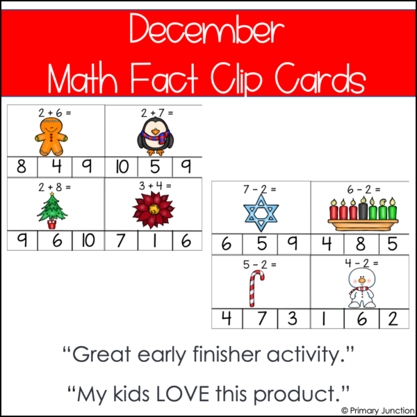 December Math Facts Clip Cards Addition and Subtraction Within 10 Math Center