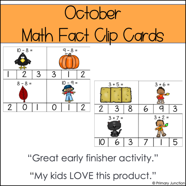 October Math Facts Clip Cards Addition and Subtraction Within 10 Math Center