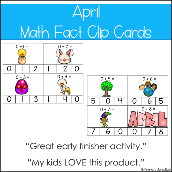 April Math Facts Clip Cards Addition and Subtraction Within 10 Math Center
