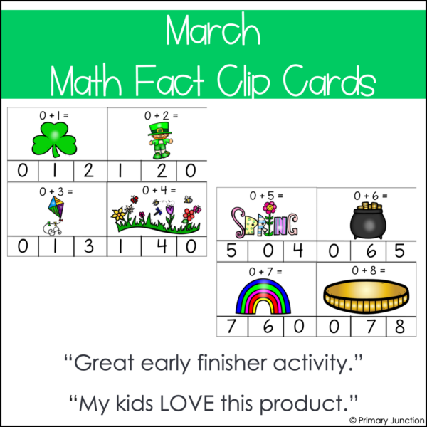 March Math Facts Clip Cards Addition and Subtraction Within 10 Math Fact Center