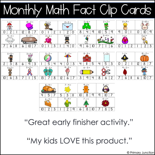 Math Facts Clip Cards Yearly Bundle Addition and Subtraction Within 10 Math Center