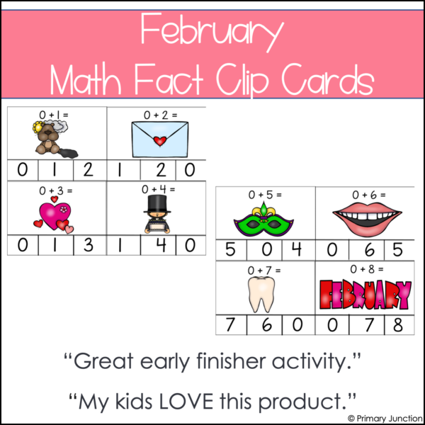 February Math Facts Clip Cards Addition and Subtraction Within 10 Math Center