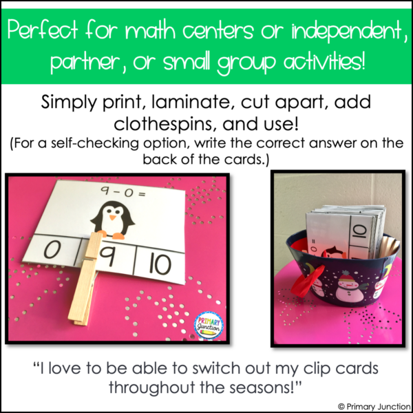 March Math Facts Clip Cards Addition and Subtraction Within 10 Math Fact Center