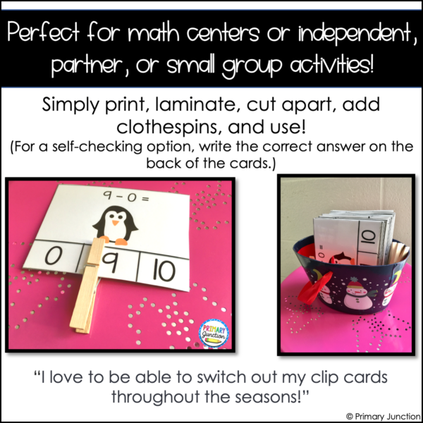 Math Facts Clip Cards Yearly Bundle Addition and Subtraction Within 10 Math Center