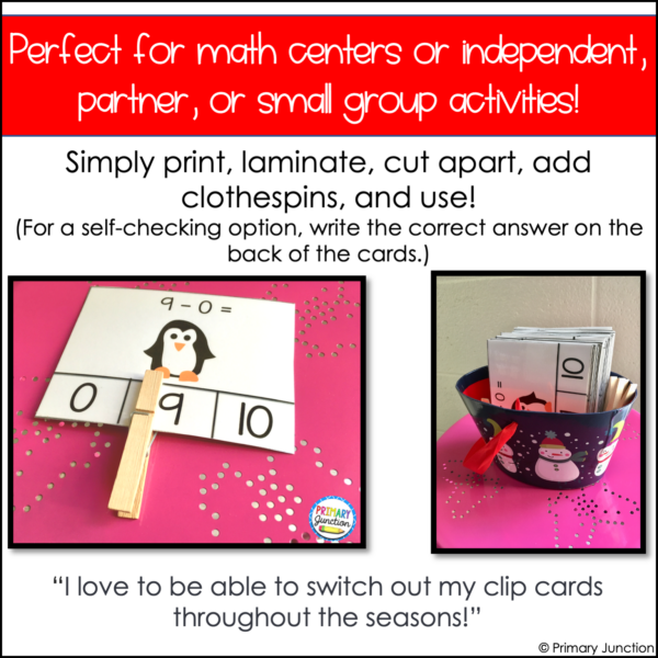 December Math Facts Clip Cards Addition and Subtraction Within 10 Math Center