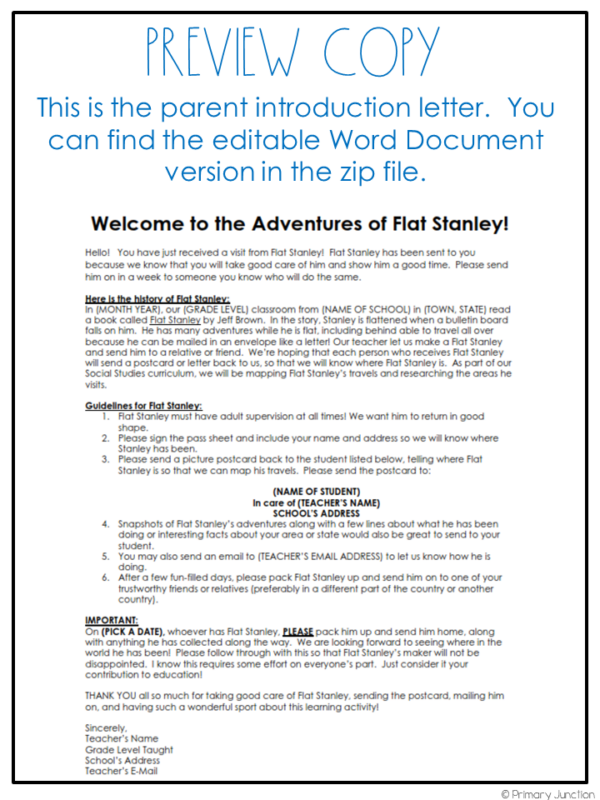 Flat Stanley Project Guide for the Classroom Pattern Family Letter