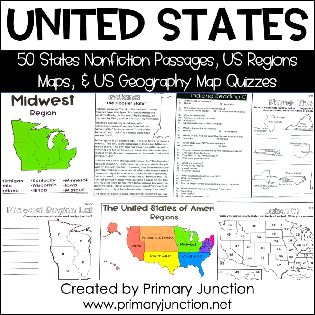 United States 50 States Reading Comprehension Passages Region Map Labelling Activities and Geography Map Quizzes