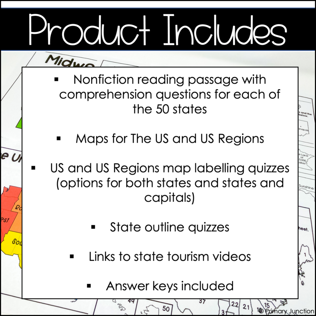 United States 50 States Reading Comprehension Passages Region Maps Map Labelling Activities and Geography Map Quizzes