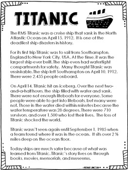 Titanic Read All About It Unit Free Reading Comprehension Passage Worksheets