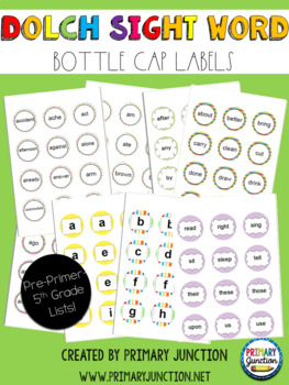 Dolch Sight Word Bottle Cap Labels Word Work Center Activity