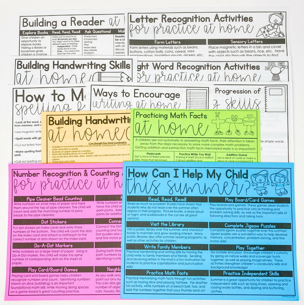 Building Skills at Home Parent Handouts Parent Teacher Conference Handouts Elementary Kindergarten Literacy Math Writing Fine Motor Summer Sight Words Letter Recognition Number Recognition and Counting Practicing Math Facts How to Make Spelling fun How Can I Help My Child This Summer?