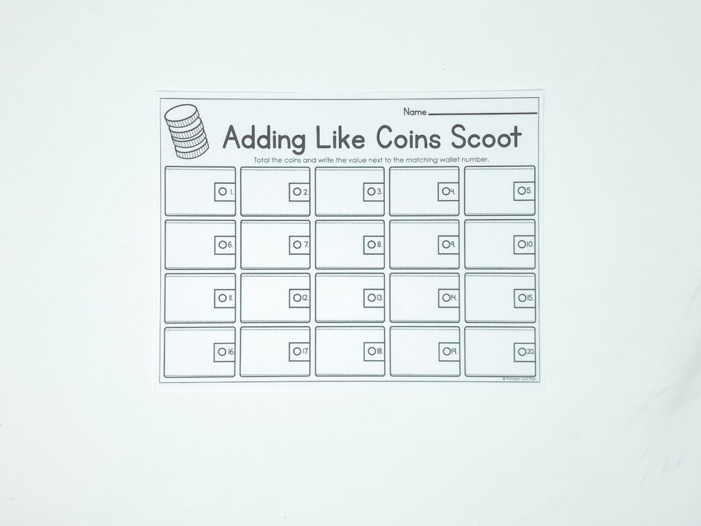 Adding Like Coins Scoot Game Task Cards Math Write the Room Counting Coins