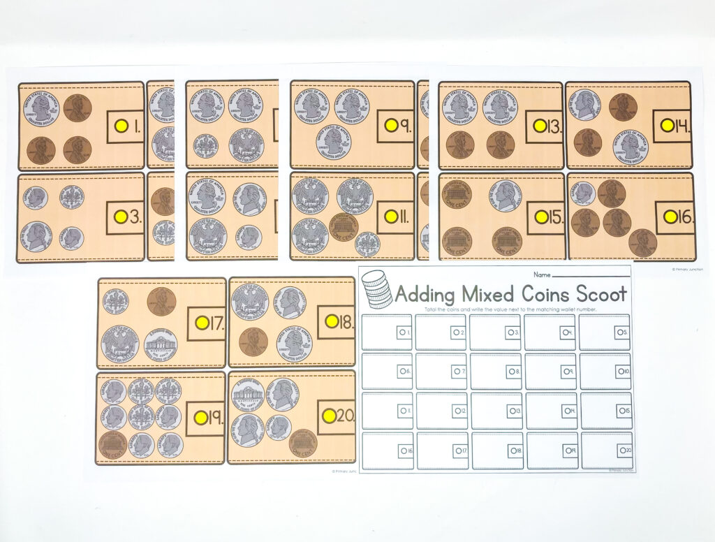 Adding Mixed Coins Math Task Cards Scoot Game Math Write the Room Counting Coins