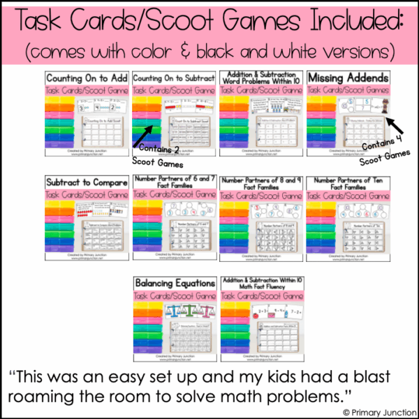 Addition and Subtraction Within 10 Scoot Games Task Cards Math Write the Room Math Centers BUNDLE