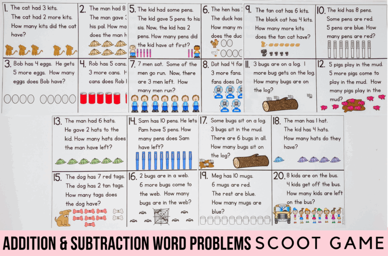Addition and Subtraction Word Problems Within 10 Scoot Game: An Engaging Math Activity for First Grade