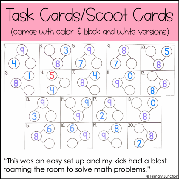 Number Partners of 8 and 9 Scoot Game Fact Families Addition Subtraction Number Bonds Task Cards Write the Room Math - Image 4