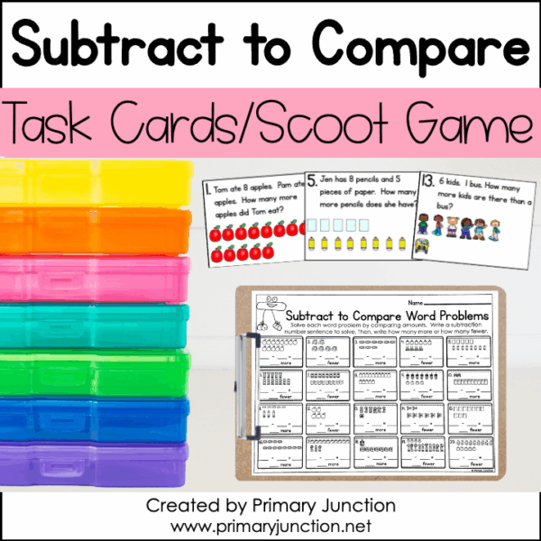 Subtract to Compare Subtraction Within 10 Subtracting Word Problems Task Scoot