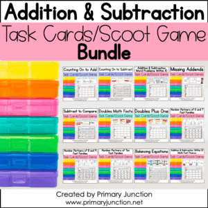 Addition and Subtraction Within 10 Scoot Games Task Cards Write the Room First Grade Math Centers BUNDLE