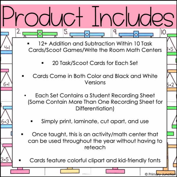 Addition and Subtraction Within 10 Scoot Games Task Cards Write the Room First Grade Math Centers BUNDLE