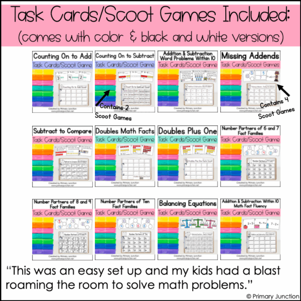 Addition and Subtraction Within 10 Scoot Games Task Cards Write the Room First Grade Math Centers BUNDLE