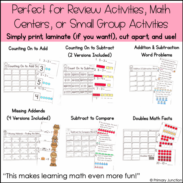 Addition and Subtraction Within 10 Scoot Games Task Cards Write the Room First Grade Math Centers BUNDLE