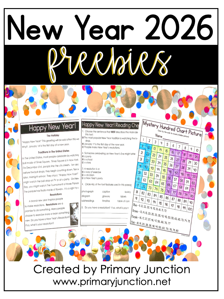 Reading New Year Activity

Two reading and math activities are included in the FREE 2025 New Year classroom activities packet. First, is a reading comprehension passage that teaches students about the New Year holiday, traditions in the United States, and popular resolutions that are often made.  After reading the passage, students can complete the accompanying comprehension check.  The included comprehension check includes multiple-choice and written response questions covering skills such as main idea, text features, text evidence, and higher-level thinking responses.   

2025 New Year Classroom Activity for Math

Also included is a picture of a mystery hundred chart!  Students will enjoy locating given numbers on a hundred chart and coloring by the code to reveal the new year, 2025. This activity will be great practice for students who are practicing numerals to 100 and patterns on the hundreds chart.